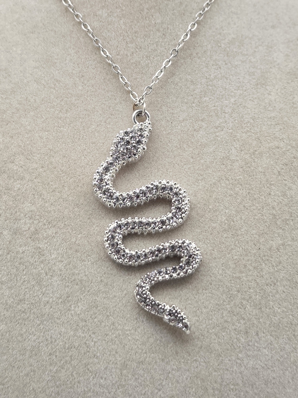 Silver Tone Rhinestone Slithering Snake Pendant Necklace 18"
